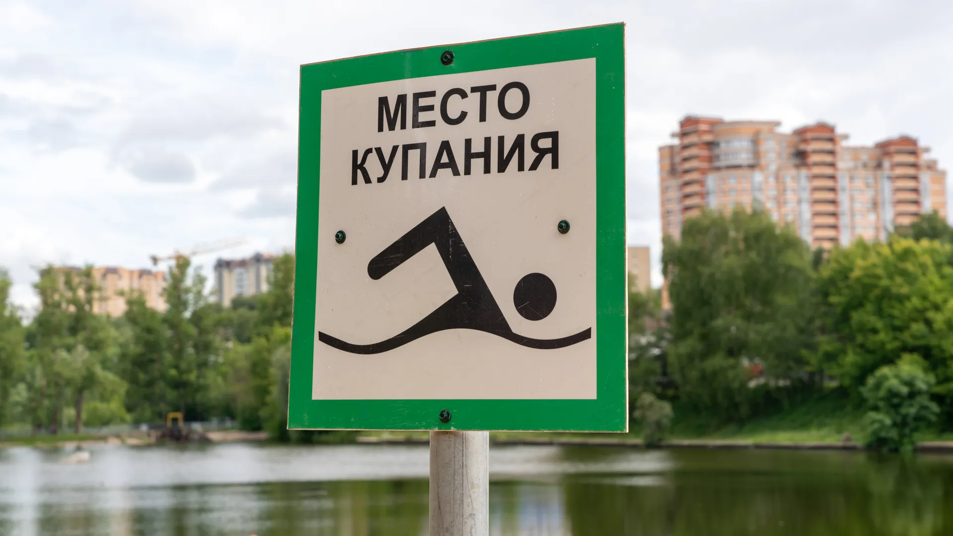 Знак «Место для купания» на пляже реки Банька в Красногорске